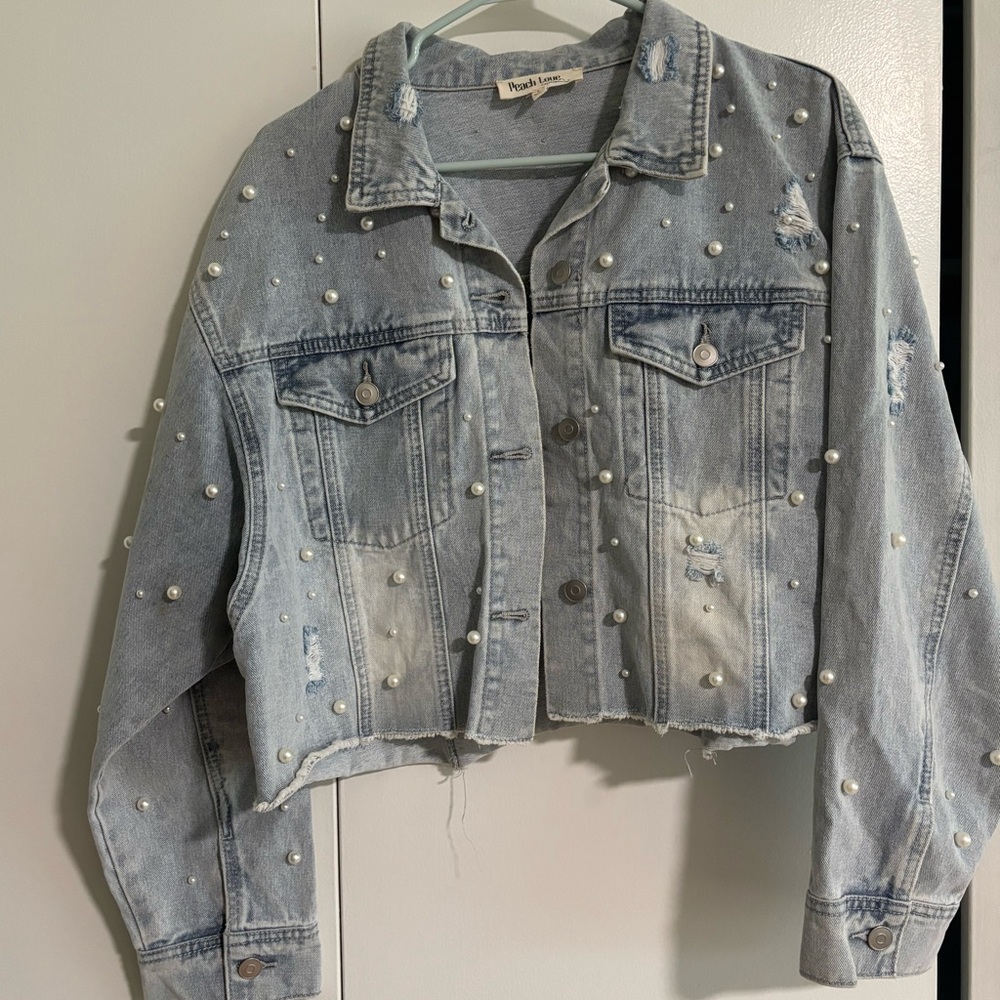 Peach Love California Light Blue Pearl Studded Jean Jacket
